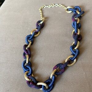 Gold and Blue Fabric Chain Necklace